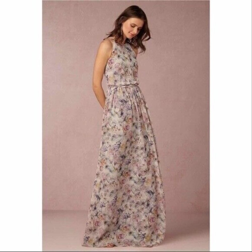 Anthropologie BHLDN Donna Morgan Alana watercolor floral halter top maxi gown 10 - Picture 1 of 9